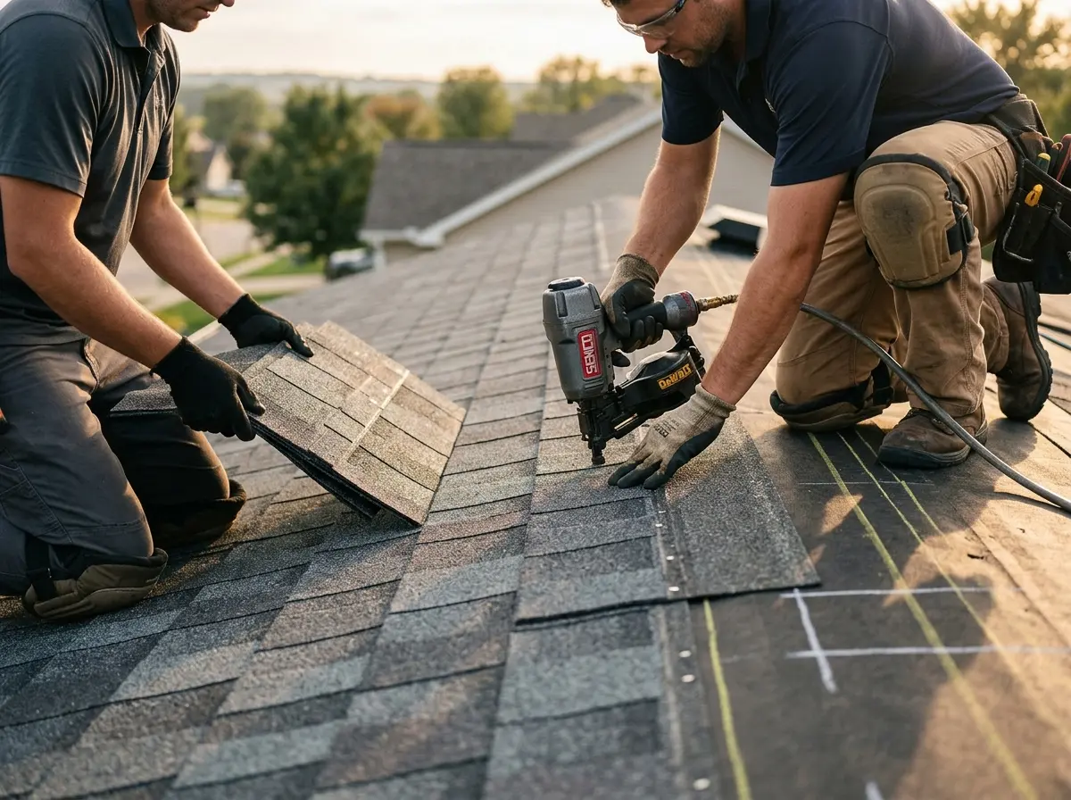 Professional roofer working on a residential roof in New Paltz